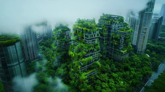 Futuristic green city building with lush vegetation and fog. Eco-friendly urban design concept showing sustainable architecture.  Image showcases green city concept for environmental reports,