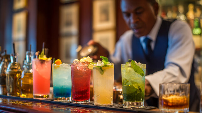 Bartender pouring refreshing cocktails in a vibrant bar setting. Colorful drinks with fresh fruits, herbs, and ice cubes in crystal glasses, perfect for nightlife, parties, or summer vibes