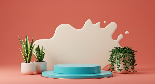 A glossy turquoise podium on a solid coral red background, with a bold cream splash behind it, surrounded by potted snake plants and trailing green vines.