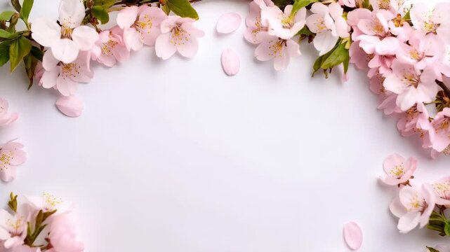 Delicate pink cherry blossoms frame a blank white space, creating a spring floral border perfect for text or graphic elements