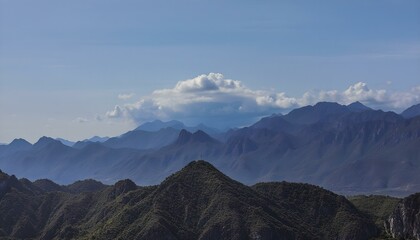 A landscape of mountains with a cloudy sky, the mountains are blue and the sky is blue.