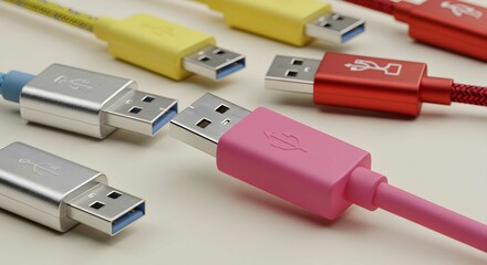 Fototapeta premium Many colorful USB cables. Computer peripheral and data transfer device. Connection technology for various electronic equipment.