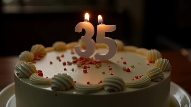 Festive Birthday Cake with Thirty-Five Candles Lit for a Special Celebration