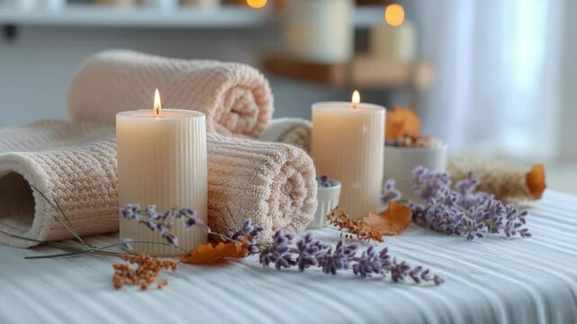 Spa treatment preparation with rolled towels and burning candles. Relaxing spa setting includes fluffy towels, fragrant lavender, and warm candlelight.