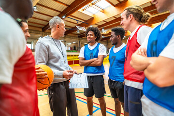 Basketball coach explaining strategy to players in gymnasium