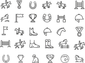 Equestrian Sport Line Icons Set. Horse Riding, Jumping, Polo, Dressage. Editable Stroke. Vector Illustration