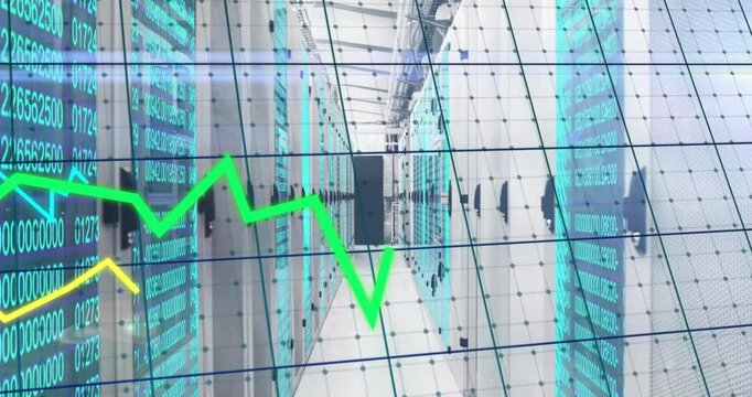 Green and yellow graphs emerging changing with cyan trace on server corridor grid streaming data