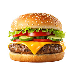 Juicy cheeseburger with sesame bun isolated on transparent background