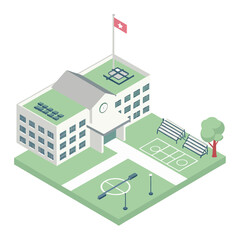 vector of an educational institution with schoolyard, playground, and flagpole in isometric layout, white background

