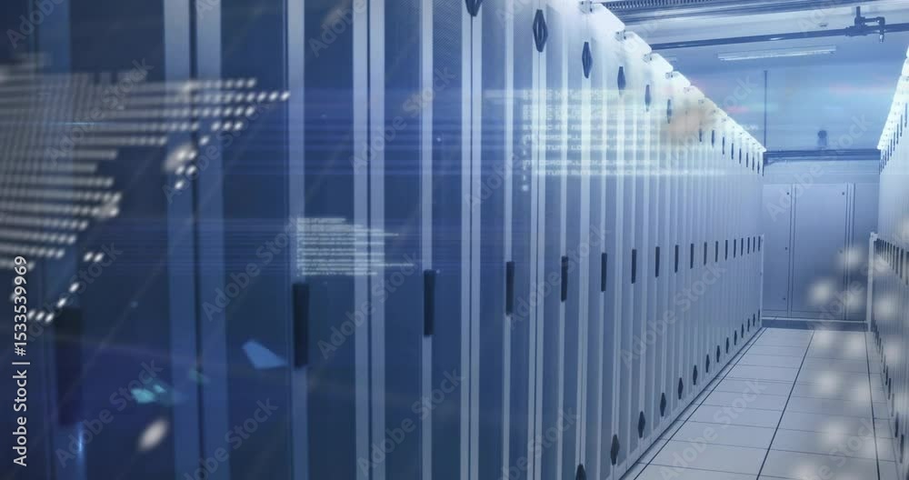 Poster fading world map overlay initiating camera gliding down server corridor showing scrolling code text