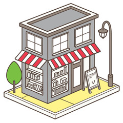 vector of a quaint isometric bookstore with open sign, shelves visible through windows, white background
