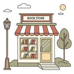 vector of a quaint isometric bookstore with open sign, shelves visible through windows, white background
