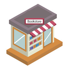 vector of a quaint isometric bookstore with open sign, shelves visible through windows, white background
