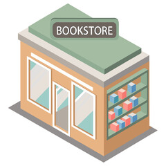 vector of a quaint isometric bookstore with open sign, shelves visible through windows, white background
