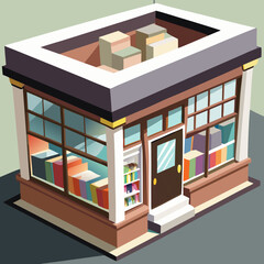 vector of a quaint isometric bookstore with open sign, shelves visible through windows, white background
