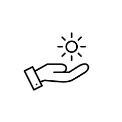 Hand holding sun. Tropical beach vacation. Alternative energy sources. Solar power. Pixel perfect vector icon