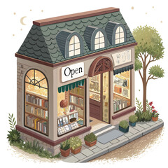 vector of a quaint isometric bookstore with open sign, shelves visible through windows, white background
