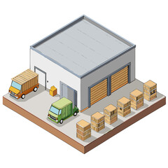 vector of an industrial warehouse with shutter doors, pallets, and trucks, viewed in isometric layout, isolated on white
