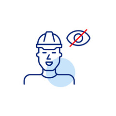 Vector icon of man wearing hard hat with crossed-out eye, symbolizing restricted access, hidden safety status, or confidential construction info. Ideal for industrial apps, safety platforms, and setti