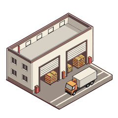 vector of an industrial warehouse with shutter doors, pallets, and trucks, viewed in isometric layout, isolated on white
