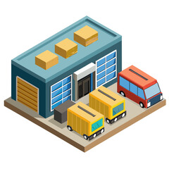 vector of an industrial warehouse with shutter doors, pallets, and trucks, viewed in isometric layout, isolated on white

