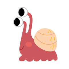 Pink snail vector character with big cartoon eyes and shell