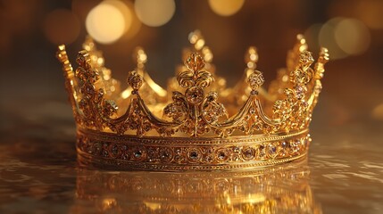 Gold Royal King Crown on Golden Background with Emblems.


