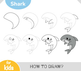 Simple how-to-draw tutorial for a cute friendly cartoon shark