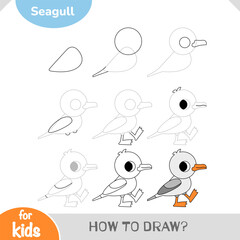 Learn how to draw a cartoon seagull in simple steps. Great creative activity for kids to develop fine motor skills and enjoy sea-themed illustration practice