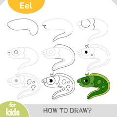How to draw a cute sea eel with in easy steps. Ideal for preschool and elementary kids who enjoy ocean creatures and creative activities. Vector cartoon worksheet