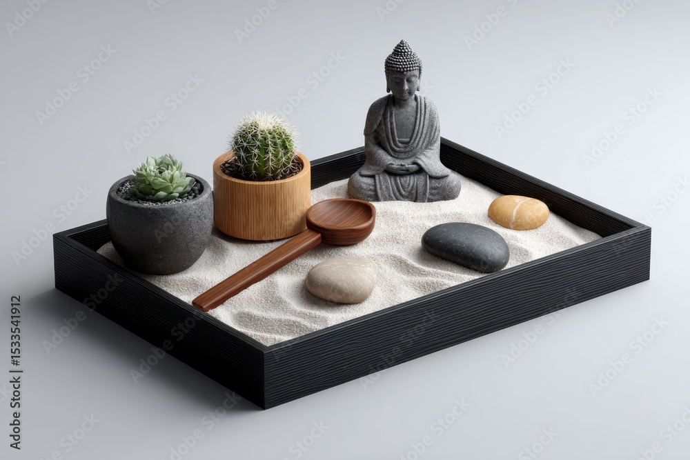 Poster zen garden with buddha statue and succulents, symbolizing mindfulness and inner peace in a minimalis