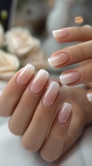 elegant nude-pink manicured nails and a gold ring adorned with a heart-shaped gemstone, complemented by a cozy white sweater sleeve.
