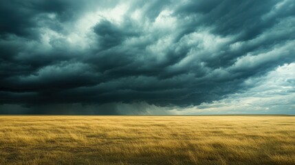 Flat, empty grassland under a dramatic stormy sky with dark clouds looming and scattered patches of sunlight.