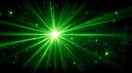 Obraz premium Bright green rays radiating outward from a central point on a dark background.