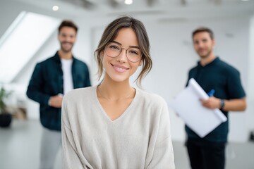 Fototapeta premium Smiling Woman in Glasses With Colleagues in Background, Representing Corporate Teamwork and Business Leadership : Generative AI