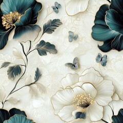 Seamless 3D floral pattern with striking teal and white flowers outlined in gold, and small blue butterflies on a textured white background