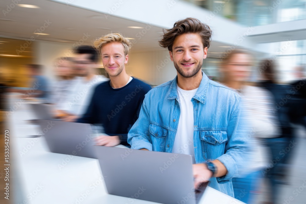 Poster smiling young men working on laptops in a modern office, representing collaboration and digital tran