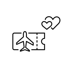 Airplane ticket and hearts. Romantic holiday, vacation travel. Honeymoon and anniversary. Pixel perfect vector icon