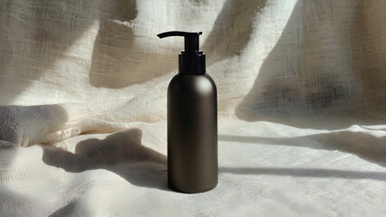 Matte pump bottle on wrinkled cream fabric