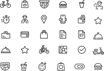 Food Delivery Line Icons Set. Online Order, Fast Food, Courier, Mobile App. Editable Stroke. Vector Illustration