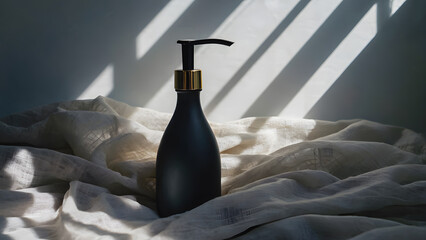 Elegant black soap dispenser with long neck in shadow