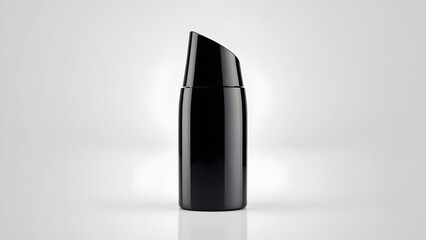 Black curved cosmetic bottle on bright white surface