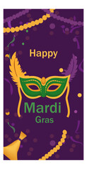 Happy Mardi Gras Vertical Banner Vector Set - Festive Carnival Masks, Beads & Confetti Illustrations-02