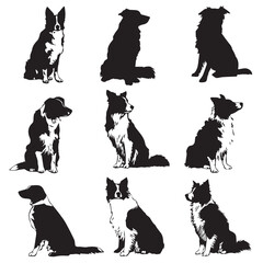 border collie dog silhouette set, Black & White silhouette set