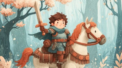 Cheerful young knight in shining armor riding a horse through enchanted forest with vibrant trees and soft colorful foliage in a whimsical illustration