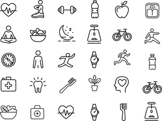 Healthy Lifestyle Line Icons Set. Fitness, Nutrition, Wellness, Exercise. Editable Stroke. Vector Illustration