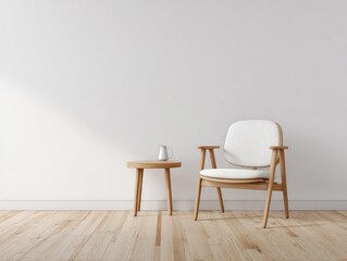 Minimalist room featuring light wood armchair with white cushion, small side table, and a mug, set against a white wall and light wood floor