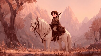 Young Adventurer on White Horse in Majestic Landscape Surrounded by Mountains and Autumn Foliage in a Dreamlike Artistic Style