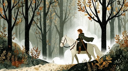 Enchanted Forest Adventure with a Young Rider on a White Horse Surrounded by Autumn Trees, Foliage, and Misty Atmosphere in a Dreamlike Illustration