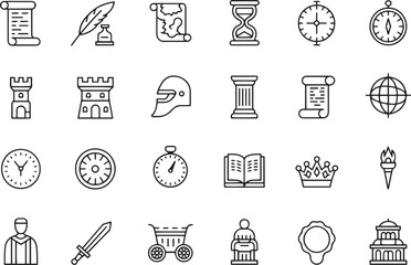 History Thin Line Icons Set. Ancient, Timeline, Civilization, Historical Events. Editable Stroke. Vector Illustration
